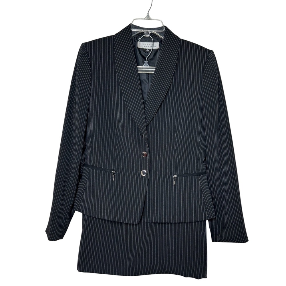 Tahari ASL Black Pinstripe Zippered Pockets Classic Preppy 2 Piece Power Suit 8